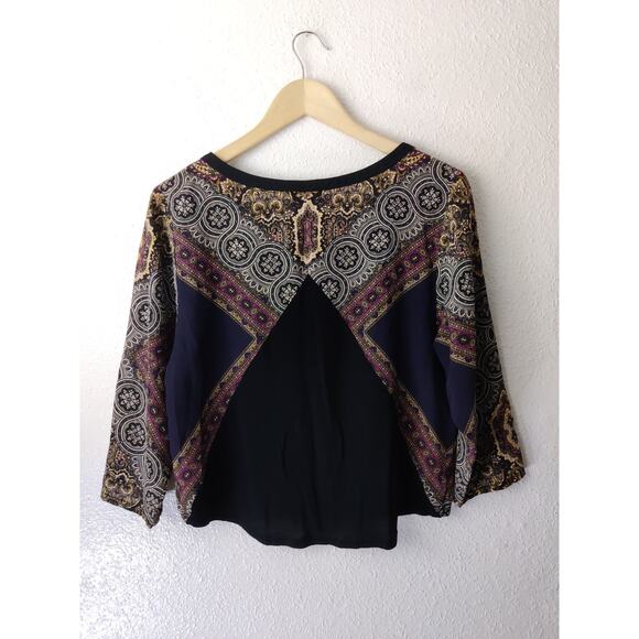 Anthropologie Kachel Black & Tan Boho Mixed Print Peasant Top Size 4 - Picture 4 of 7